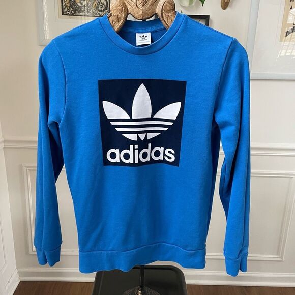 Adidas Blue Texture Trefoil Crew Neck Sweatshirt XS - Picture 1 of 8